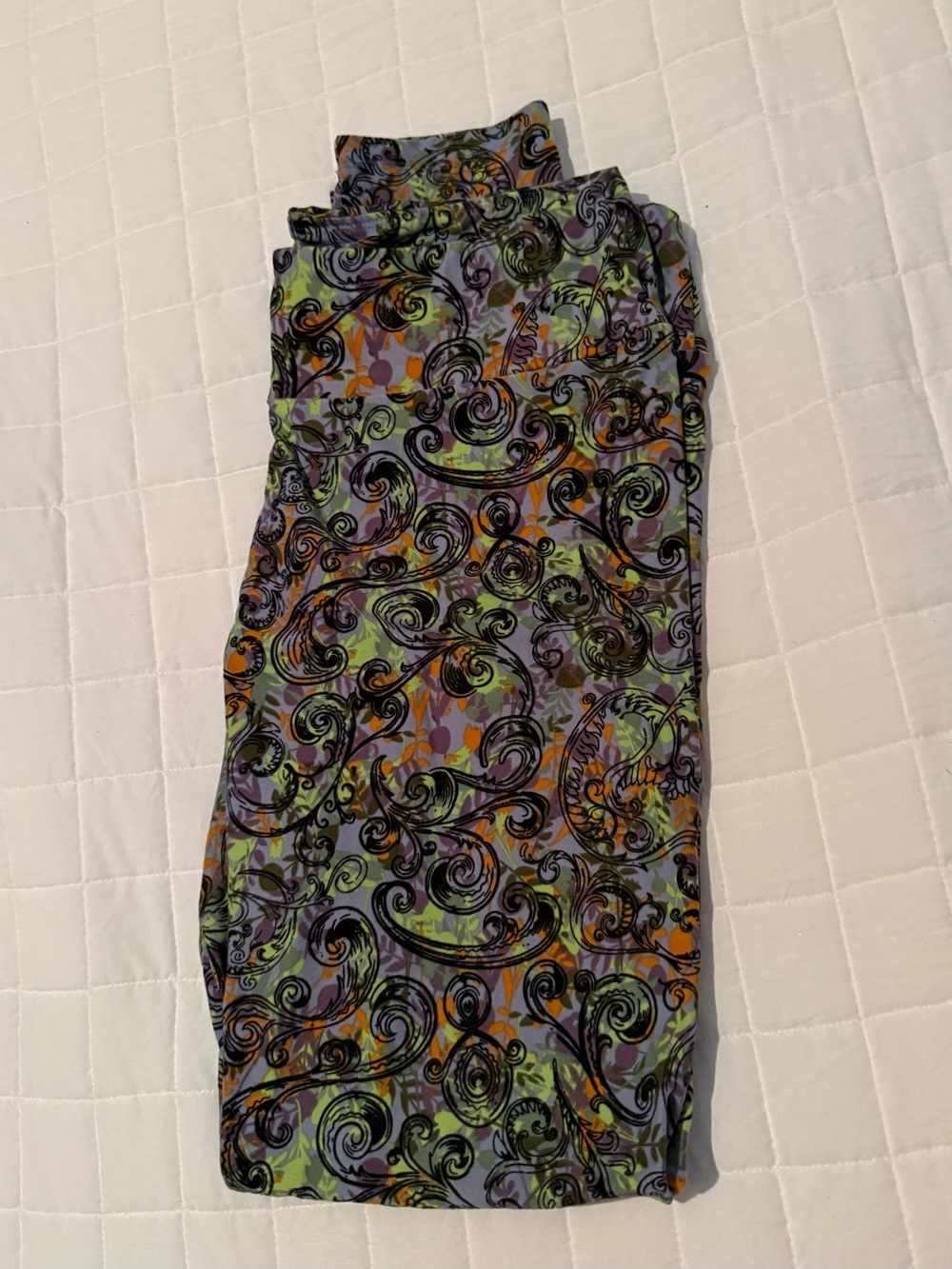 LuLaRoe Swirl-Print Leggings in Purple, Green & Orange